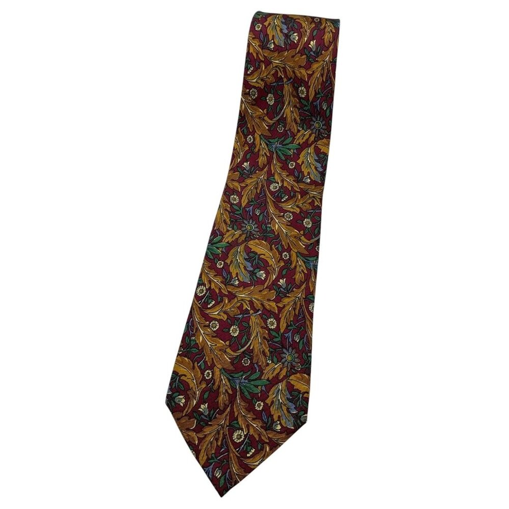 NINA RICCI Men's 100% Silk Necktie LUXURY Tie Burgundy Floral Leaf W:3.6" EUC
